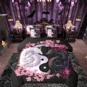 Dragon Bedding Set Yin Yang Comforter Set 7 Pieces Cherry Blossoms 3D Dragon Ancient Wildlife Couple Lover Bed in a Bag for Romantic Bed Set with Comforter,Sheet Set,Pillowcases