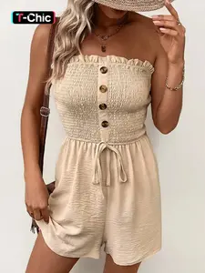 Women's Leisure Casual Solid Color Off The Shoulder Sleeveless Ruched Front Tie Tie Waist Lightweight Button Decor Playsuit Jumpsuit Breathable Jumpsuit