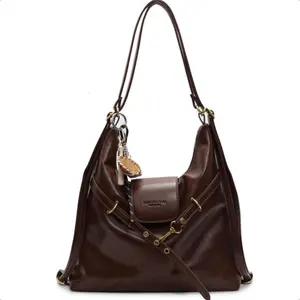 Chocolate Brown Vintage Leather Tote | Convertible Multi-Way Backpack | Retro Commuter Purse for Fall-Winter Outfits, Brunch & Travel