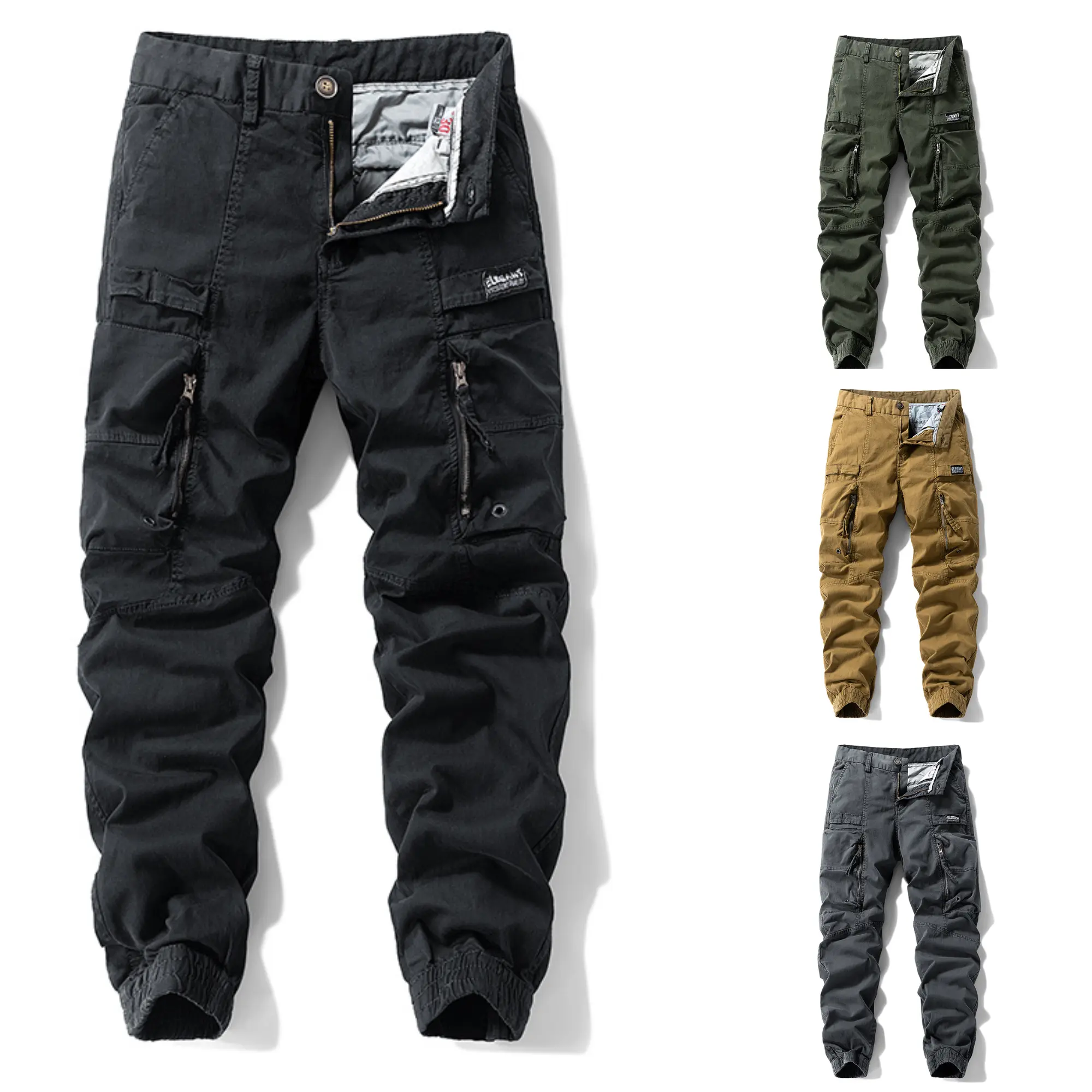 Men’s Washed Finish All-Cotton Cargo Jogger Pants - Loose-Fitted, Comfy, Light, Flexible, Durable, Breathable, Skin-Friendly, Multiple Pockets, Zipper Closure, Versatile for Work & Everyday Outdoor Wear (Multiple Colors), All-Cotton Men's Pants, Comfy Men