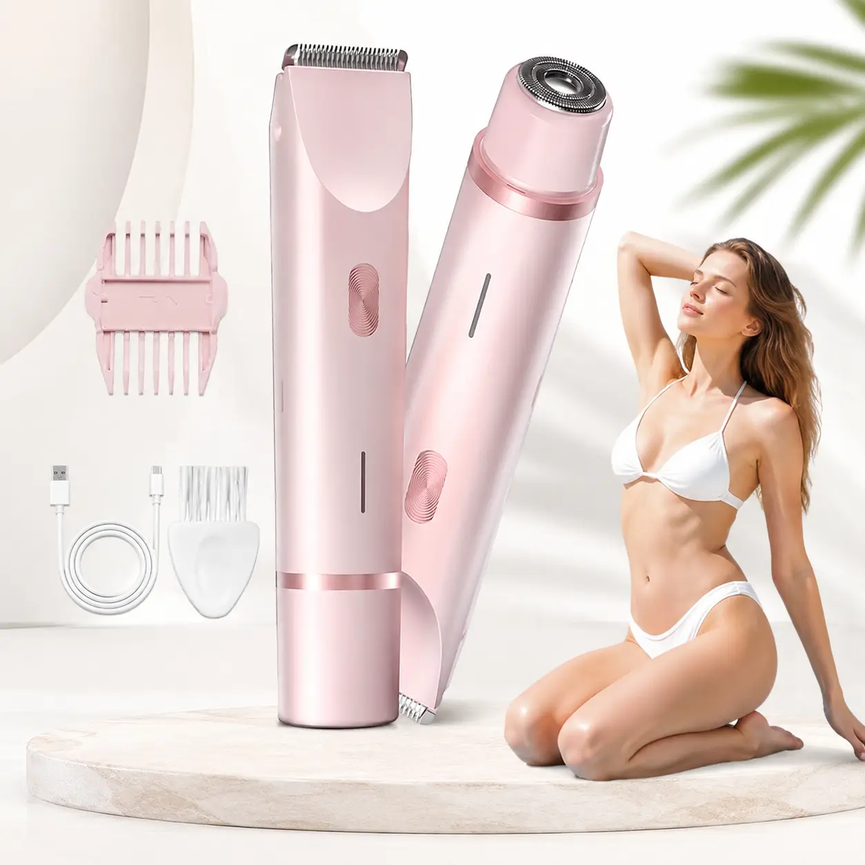 Women's Rechargeable 2-in-1 Electric Bikini & Facial Hair Removal Trimmer, Cordless Waterproof Wet Dry Shaver for Face Underarms Bikini Line, Gentle Beauty Self Care Product, Great Perfect Gift for Women Her