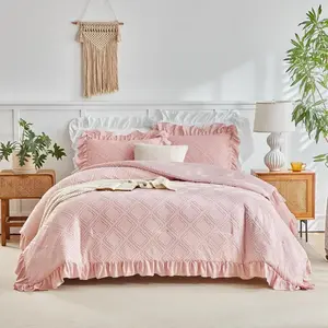 Ruffle Comforter Set Twin Size, 3 Pieces Blush Pink Ruffled Farmhouse Comforters, Luxury Solid Soft and Embroidery Shabby Chic Boho Bohemian Bedding Set for Girls (1 Comforter + 2 Pillowcases)