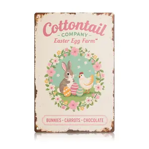Vintage Easter Bunny Metal Sign – “Cottontail Company Easter Egg Farm” Spring Farmhouse Wall Decor, Rabbit & Chicken Floral Plaque for Kitchen, Entryway & Porch,Perfect gift for Mother’s Day