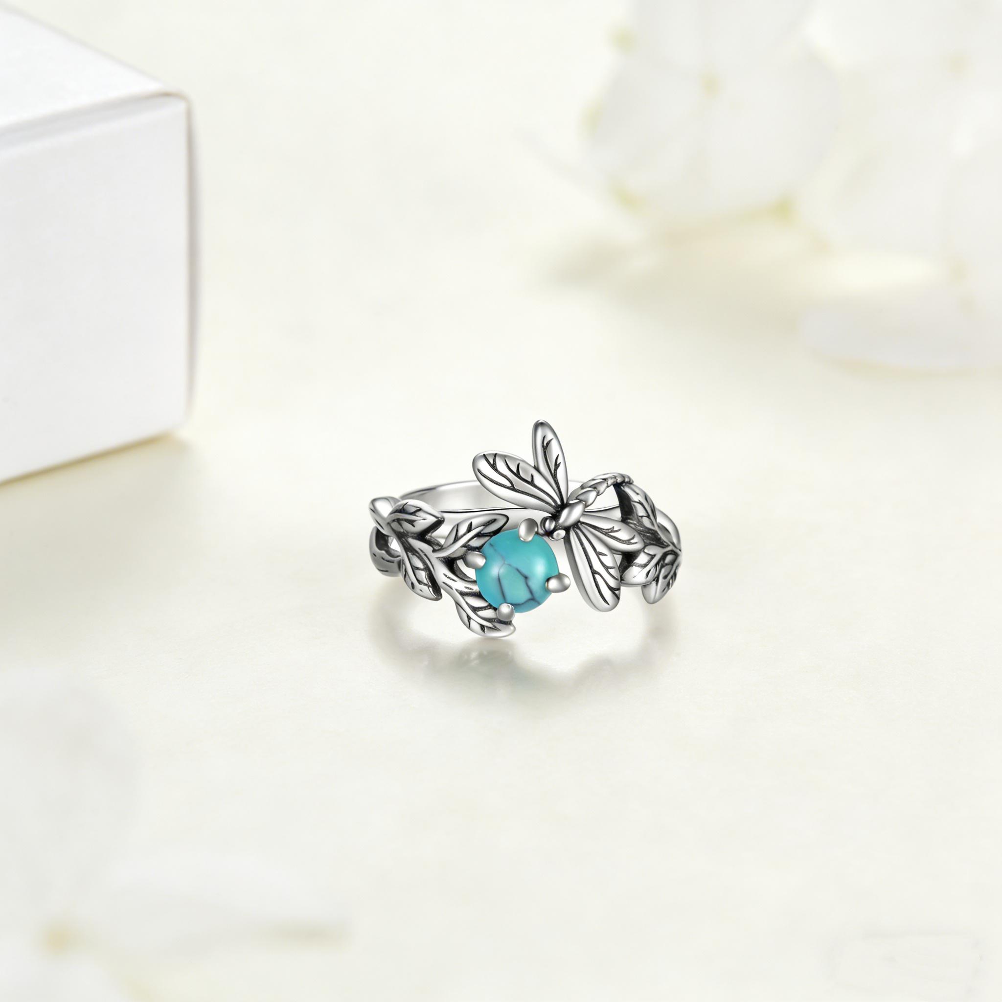 HXS 925 Sterling Silver Dragonfly Ring with Turquoise, Timeless Boho Jewelry