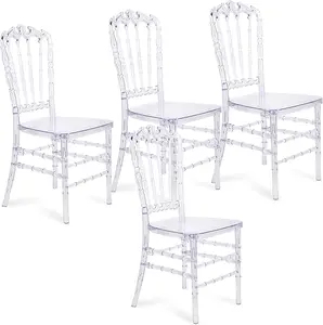 Set of 4 Ghost Clear Acrylic Dining Chairs, Elegant Stacking Chiavari Event Chair, Transparent Crystal Chair in for Weddings Parties Events Receptions (Crown-Head Back)