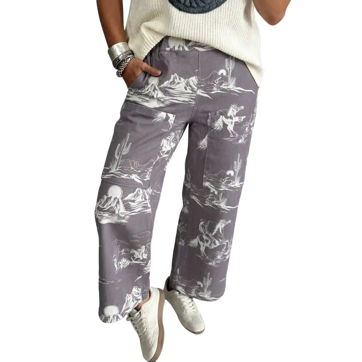 Women's Jeans, Baggy Oversize Streetwear with a Wild West Print, Pull-On Ankle-Length Design, Western Wear For Women, Bottom, Lady, Leg, Bold Western Print, Mountains, All Over Print