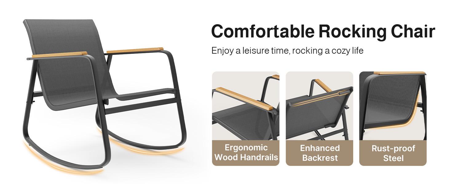 Gizoon 3 Piece Rocking Bistro Set, Textilene Fabric Patio Furniture Set, Front Porch Rocker Chairs with Coffee Table for Lawn, Garden, Balcony, Poolside (Black)