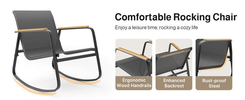 Gizoon 3 Piece Rocking Bistro Set, Textilene Fabric Patio Furniture Set, Front Porch Rocker Chairs with Coffee Table for Lawn, Garden, Balcony, Poolside (Black)