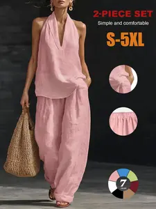 2026 Women's 2-Piece Set, Halter V-Neck Top, High-Waist Wide-Leg Pants, Casual Summer Beach Loungewear, Comfortable & Stylish