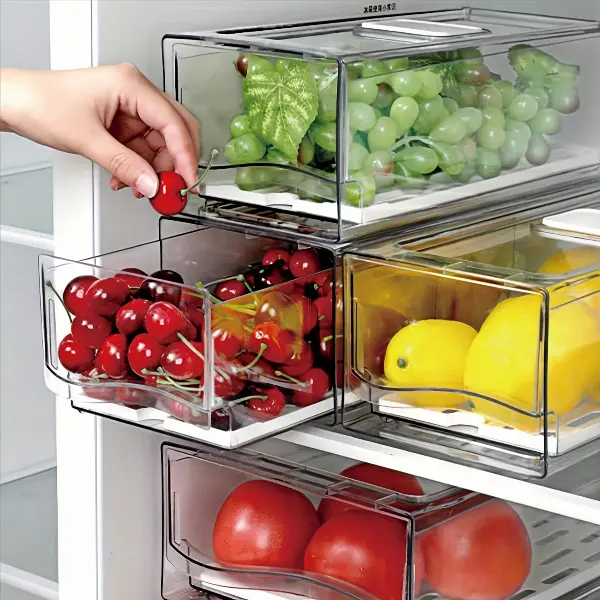 2-Pack Stackable Kitchen Fridge Organizer Containers - BPA-Free PET Plastic, Medium & Large Sizes with Drain Board, Food-Grade Home Organization System for Fruits, Vegetables