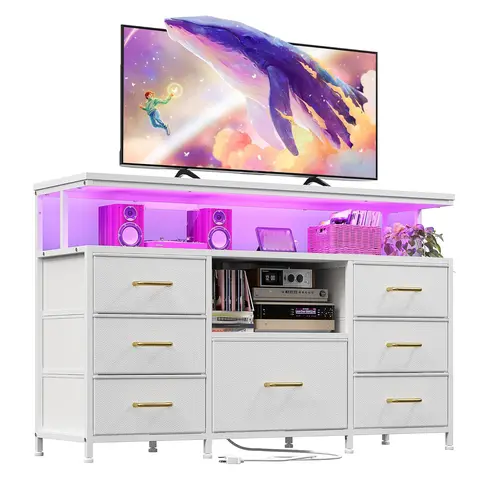 【Fall deals for you】Raybee Furniture 7 Fabric Drawers Dresser TV Stand,   with LED Lights & power outlets for 55" TV, for Bedroom Entertainment Center,  for Living Room tv stand
