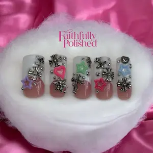 Faithfully Polished Glam Collection METALLIC Square Curved Medium Length French Tip Press-On Nails with Charms Y2K Style 90's Design