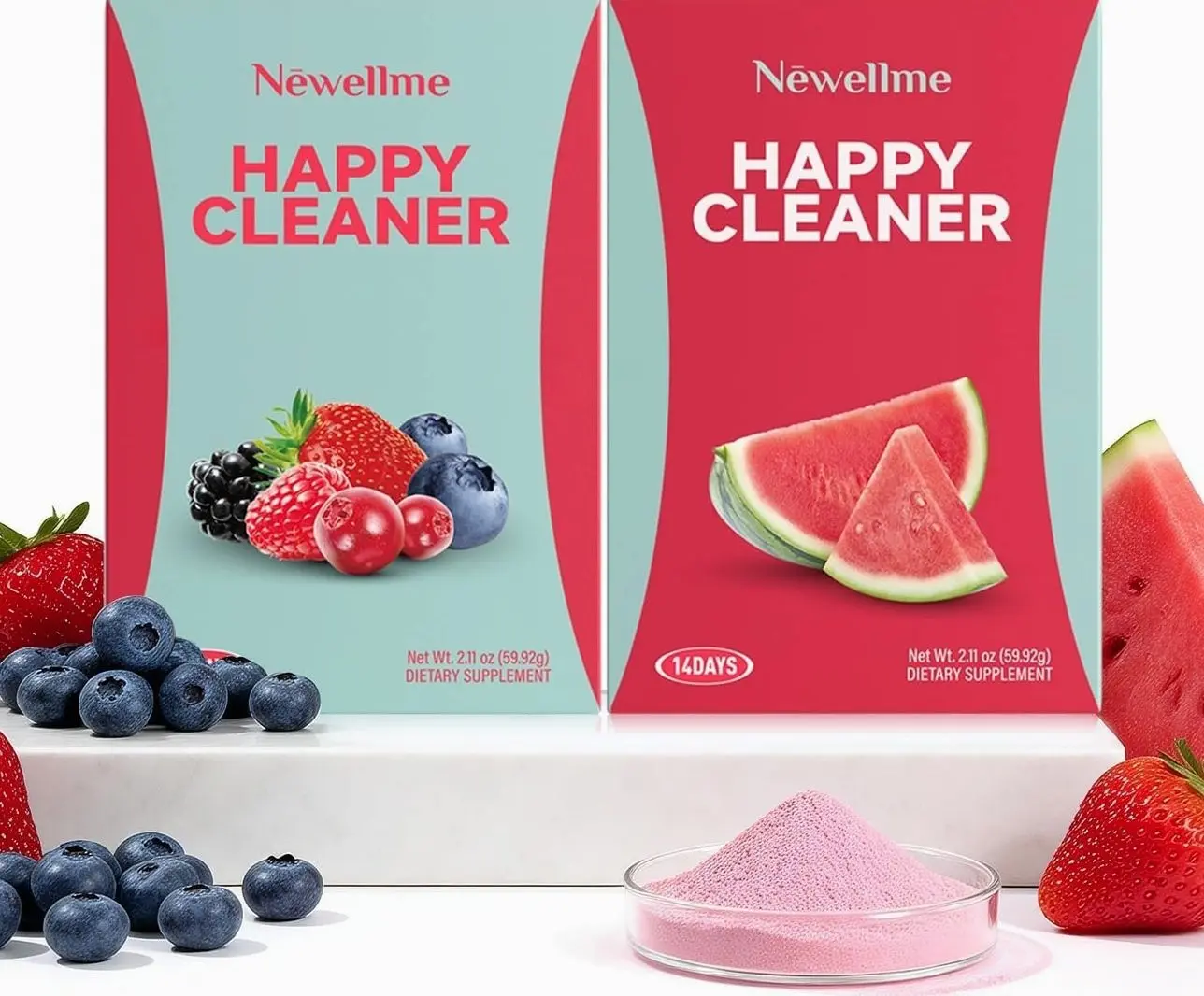 NEWELLME Happy Cleaner Superfood Powder | Digestive & Gut Health, Prebiotics & Probiotics for Women & Men, Support for Bloating & Regularity, Vegan Sugar-Free, Watermelon & Berry Flavors, 28 Sachets