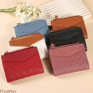 Women's Plaid Color-Block Short-Zip Closure Wallet - Compact, Slim, Lightweight Card Holder Coin Purse for Students, Daily Use