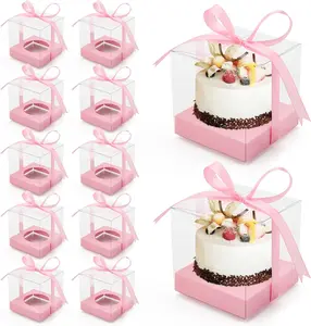 12 Pack Clear Plastic Cupcake Boxes, 3.5 Inch Gold Single Cupcake Containers Disposable Individual Cup Cake Carrier Holder Boxes with Inserts and Ribbon (Pink)