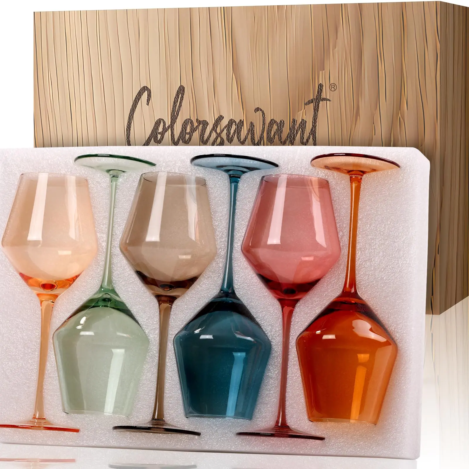 Hand Blown Colored Wine Glasses, 16oz Long Stemmed Crystal Wine Glasses | Set of 6 | Drinkware