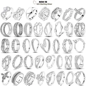 Women's Silver Finger Rings Original 925 Sterling Heart Star Moon Geometric Inlay Zircon Stackable Cocktail Ring Wedding Jewelry