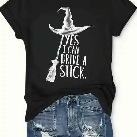 Women's Yes I Can Drive a Stick Witch Graphic T-Shirt, Casual Oversized 25% Cotton Short Sleeve Top for Spring Summer