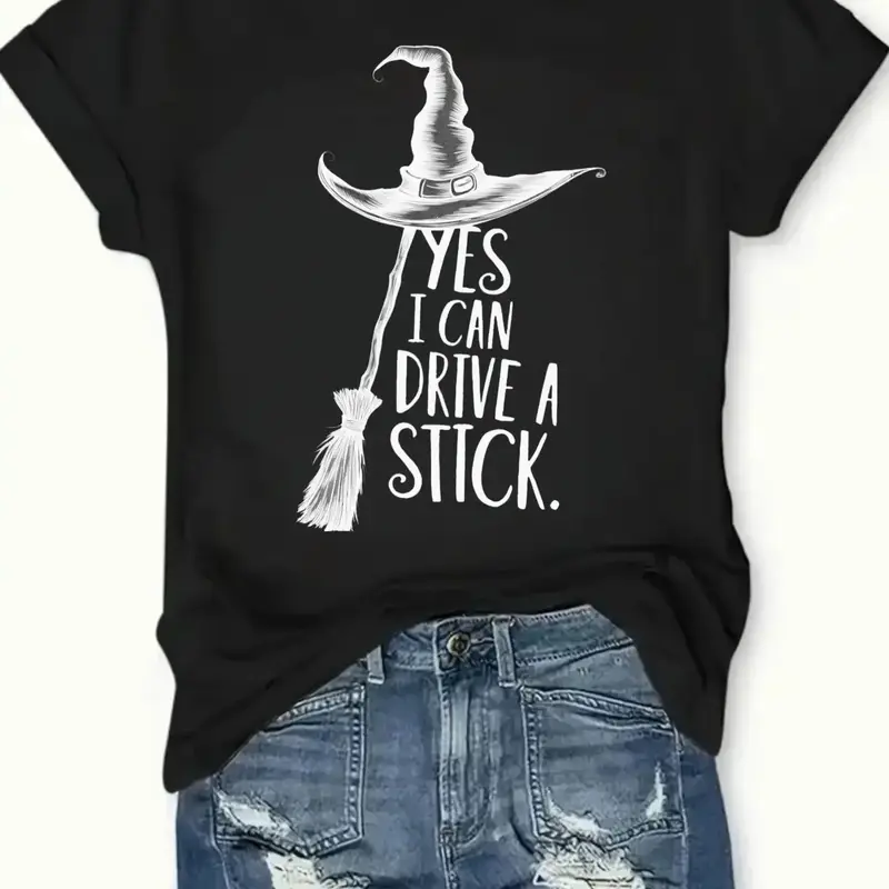 Women's Yes I Can Drive a Stick Witch Graphic T-Shirt, Casual Oversized 25% Cotton Short Sleeve Top for Spring Summer