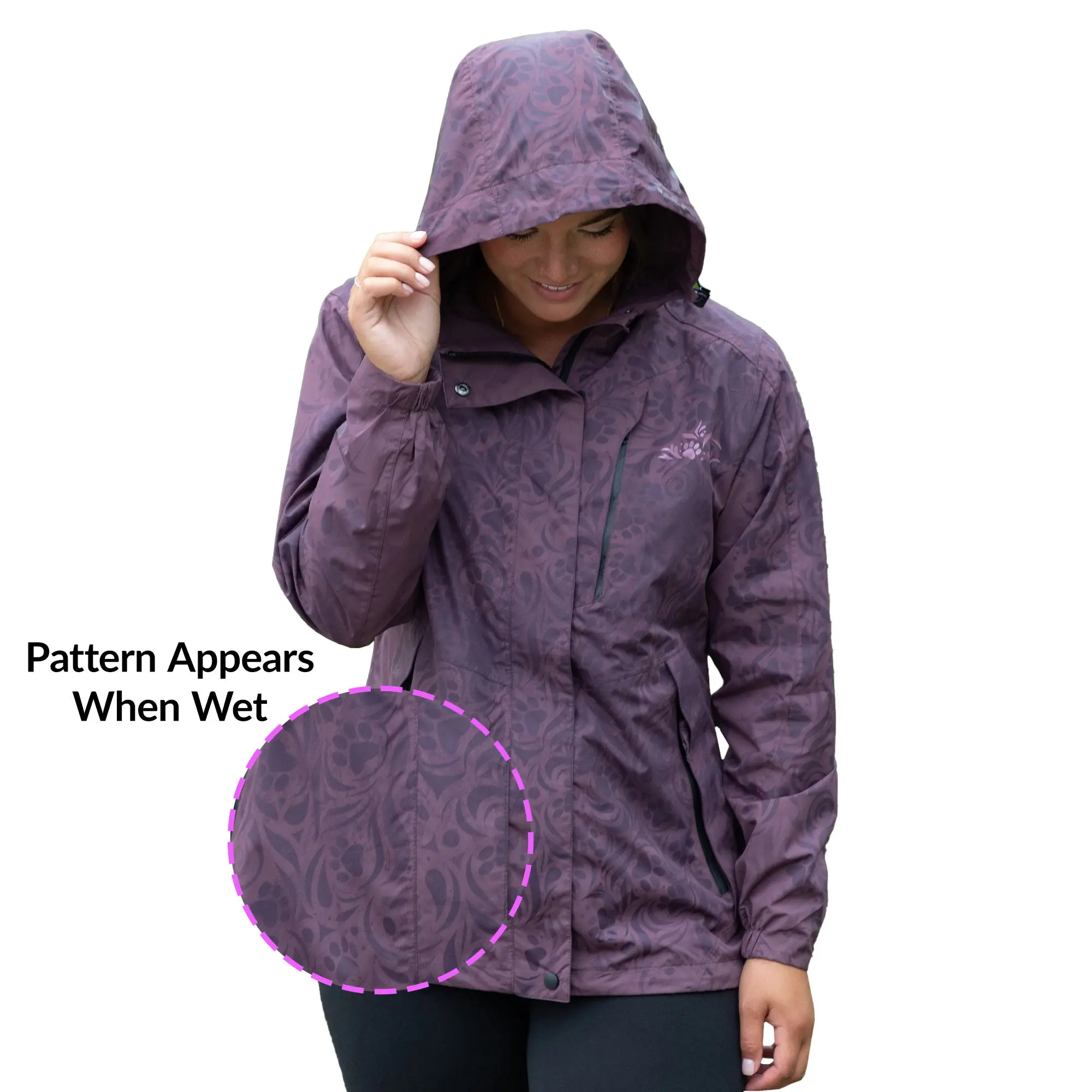 Women’s Lightweight Waterproof Hooded Rain Coat Paw Symphony Magical Print Rain Jacket The Animal Rescue Site