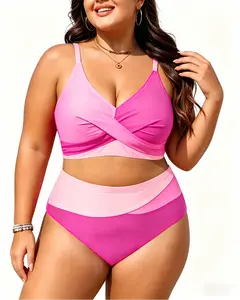 Women's Plus Size 2-Tone High-Waisted Bikini Set, Twist Front Crisscross Bathing Suit, Tummy Control Swimwear (plus size swimsuits, bathing suits tummy control) women tankini