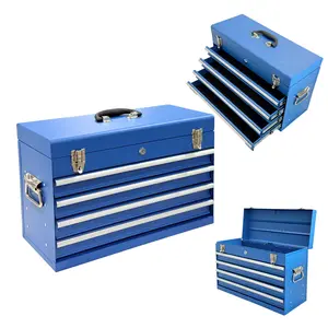 21x13.38x8.62 Inch Portable Metal Tool Box with 4 Drawers, Auto-Locking System, Ball Bearing Slides, EVA Lining, Heavy-Duty Steel Lockable Tool Chest, Portable Handheld Tool Storage Organizer for Workshop Garage Vehicle