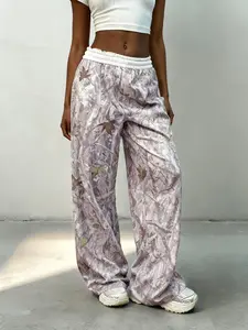 Women's Casual Long Pants, Leaf & Marble Print, High Waist Slim Fit, Comfortable Fabric, All Seasons, Perfect for Daily Wear