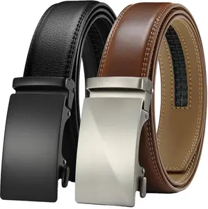2pack Men's Leather Belt with Automatic Ratchet Buckle Adjustable Slide Belt for Dress & Casual Wear Durable Cowhide Strap & Alloy Buckle Perfect Gift Box Included