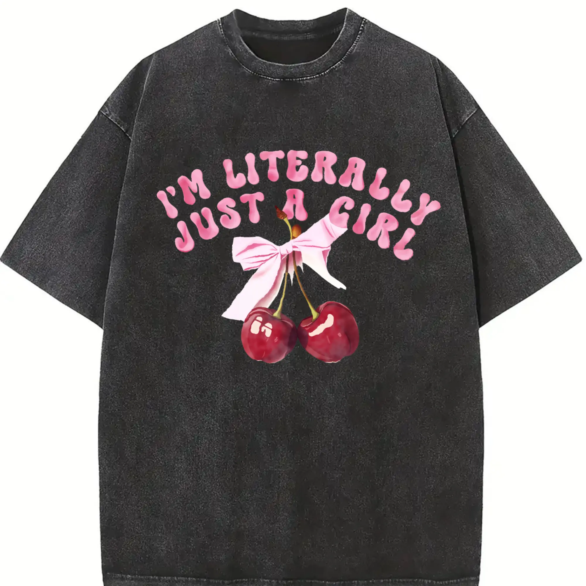 Men's 230g Washed Cotton T-Shirt - Fun Red Cherry "I'm Literally Just a Girl" Graphic Print, Loose Fit Streetwear, Machine Washable All-Season Casual Tee for Outdoor Travel and Gifts (Family/Friends/Colleagues), Streetwear Clothing, Soft Fabric Shirt