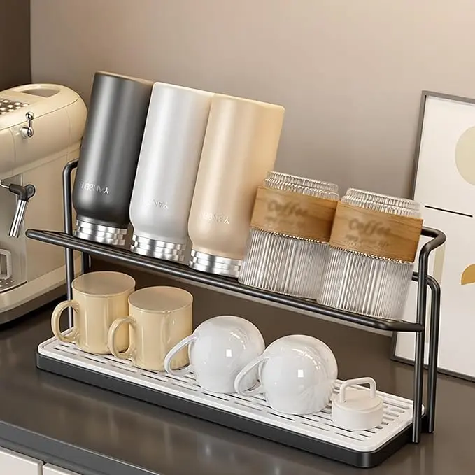 Kitchen worktop cup drying rack – suitable for mugs, coffee cups and glasses; double-tier design; includes a drainage tray and a cleaning brush set (black)
