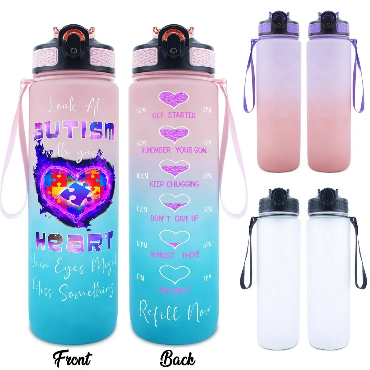 1pc 32oz Sports Plastic Water Bottle with Time Marker Autism Heart Puzzle Design Feature Ideal for Autism Awareness Support Daily Use Gift Option Outdoor Durable Large Capacity Hiking Water Bottle Office Water Bottle for Hydration