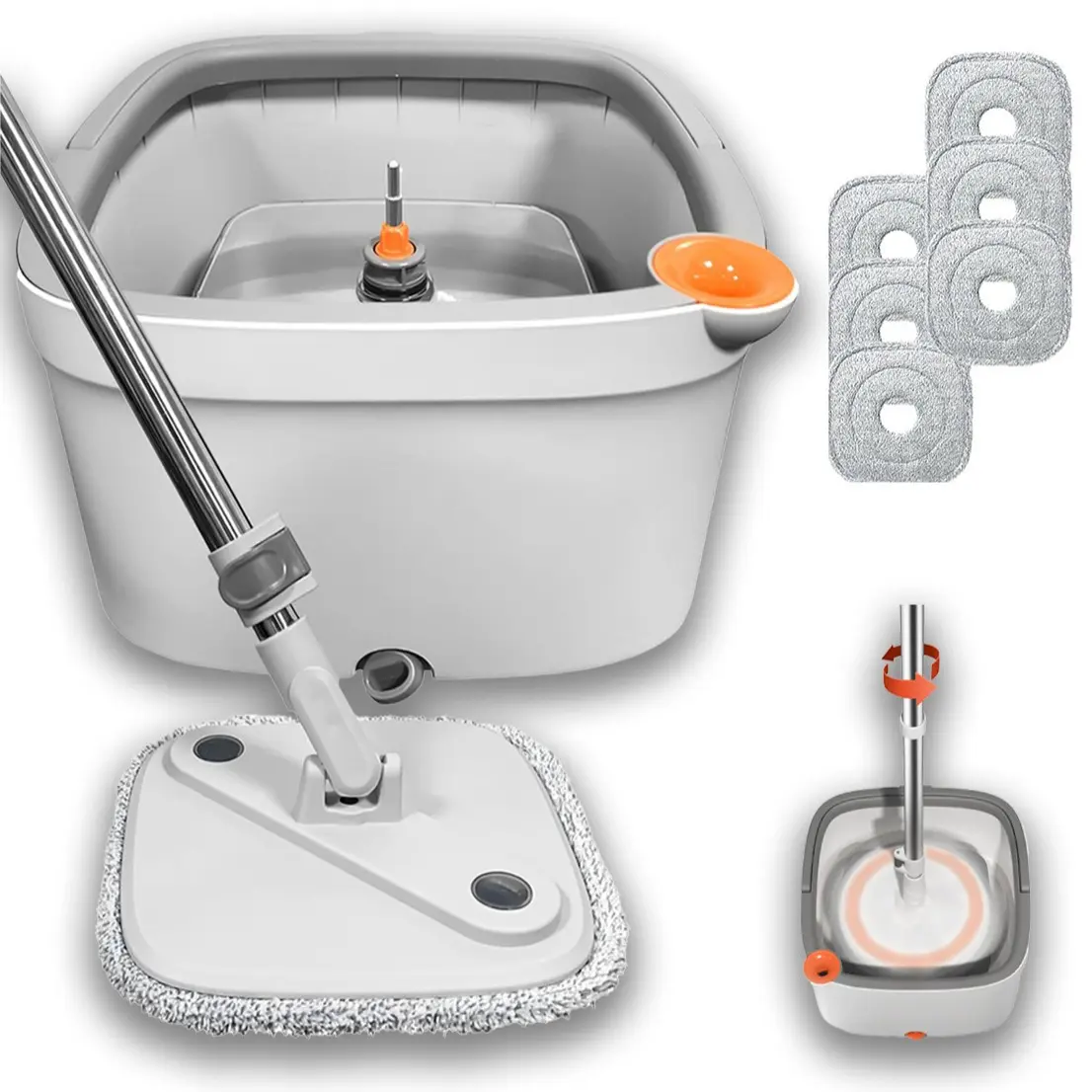 Light Gray Spin Mop Bucket with 6 Pads