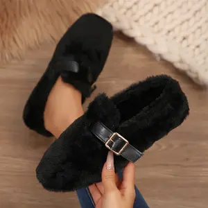 Cozy Faux Plush Loafers for Women Stylish Buckle Design Warm Slip-On Indoor Outdoor Shoes