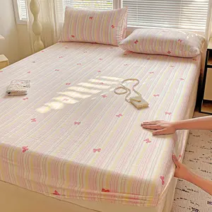 Double Layer Sheer Bedding Set, Includes 1 Fitted Sheet & 2 Pillowcases, Striped Bow Design, Soft Breathable, Breathable Sheets
