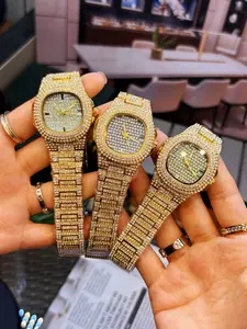 Couple Watch Set Full Diamond Steel Band, Starry Dial, Unisex Fashion Street Hip Hop Style, All Seasons