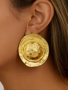 1 Pair of Exaggerated Earrings, Gold Textured Round Design, Minimalist Modern Gift, Suitable for Daily Wear and Parties