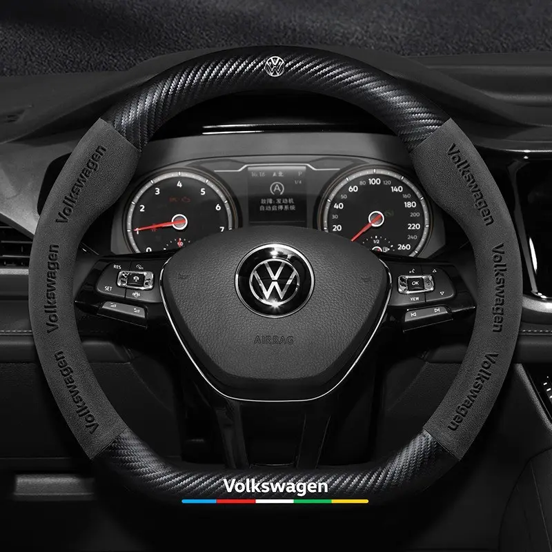 Suede Carbon Fiber Automotive Car Steering Wheel Cover for Volkswagen Vw Rline Gti Golf Tiguan Jetta Transporter Passat Gtd Polo Touran Accessories Steering Wheel Protector
