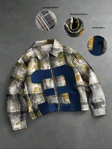 Men's Plaid Jacket Coat, Blue, Woven Fabric, Thick Material, Fashion Street Style, Suitable for Sports and Layering, Outerwear