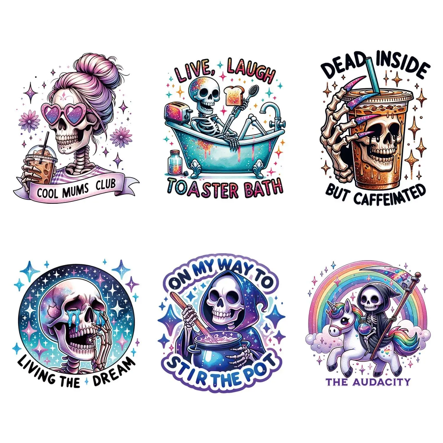 Cartoon Skull Pattern Heat Transfer Sticker, 6 Counts/set Transparent Heat Transfer Sticker, DIY Decoration for T-shirt, Jacket, Jeans