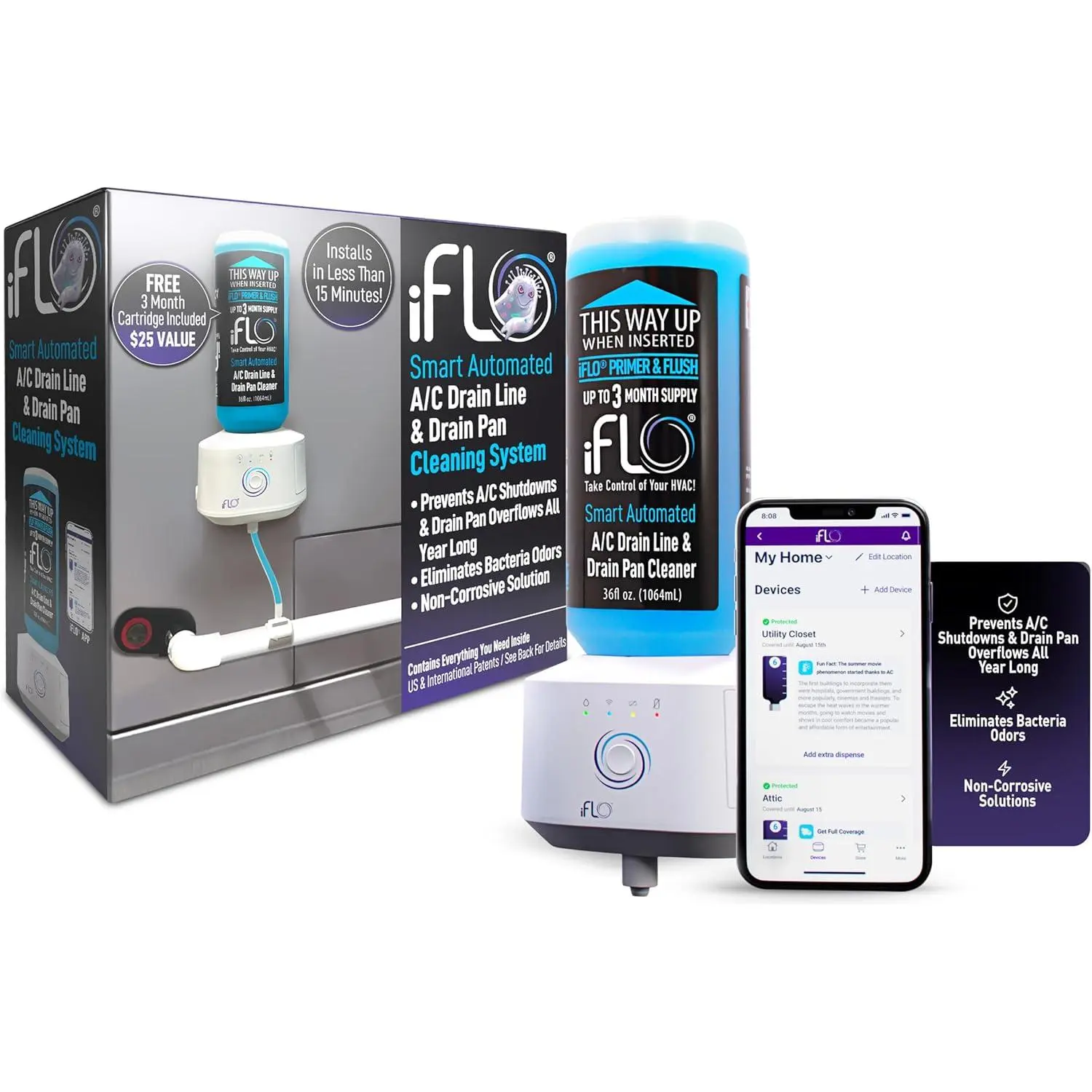 iFLO® Smart A/C Drain Line and Drain Pan Cleaner for HVAC System, Clog-Free, Easy Installation & App-Controlled Air Conditioner Maintenance, Includes 36oz Cleaner Cartridge, 3 Month Supply