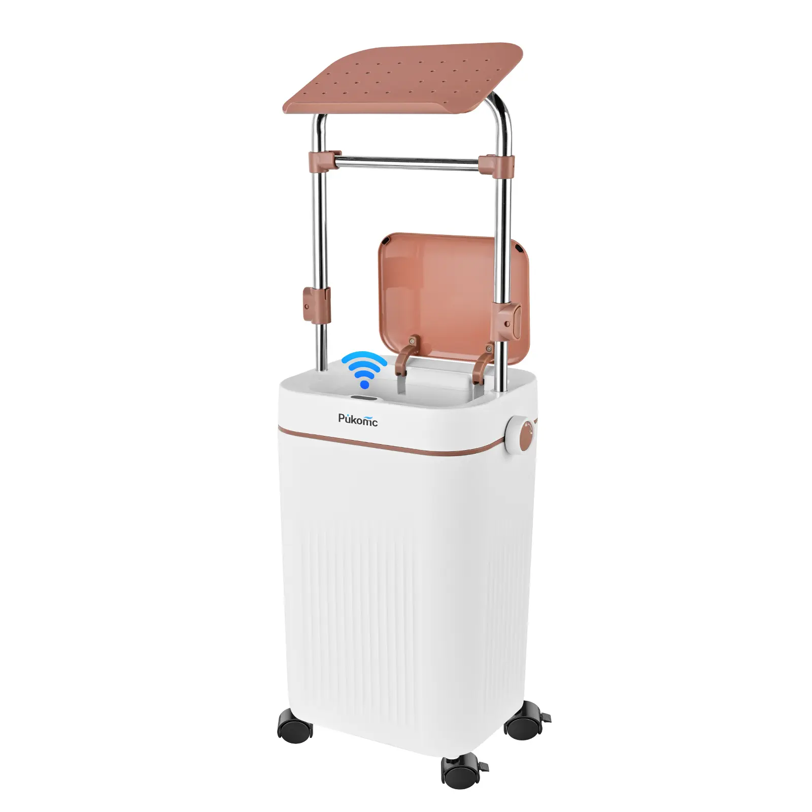 Pukomc Lazy-Style Touchless Home Trash Can - Smart Bin with Phone Holder, Toilet Paper Storage, Built-In Wheels, Waterproof for Bathroom, Kitchen Use