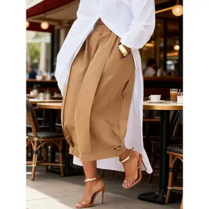 Women's Loose Multicolor Cropped&Long Trousers 100% Cotton Soft Summer&Autumn/Winter Comfortable Breathable Fabric Elastic Waistband Lantern Pants with Pockets Casual Style Bottoms Outfit Soft Womenswear Khaki