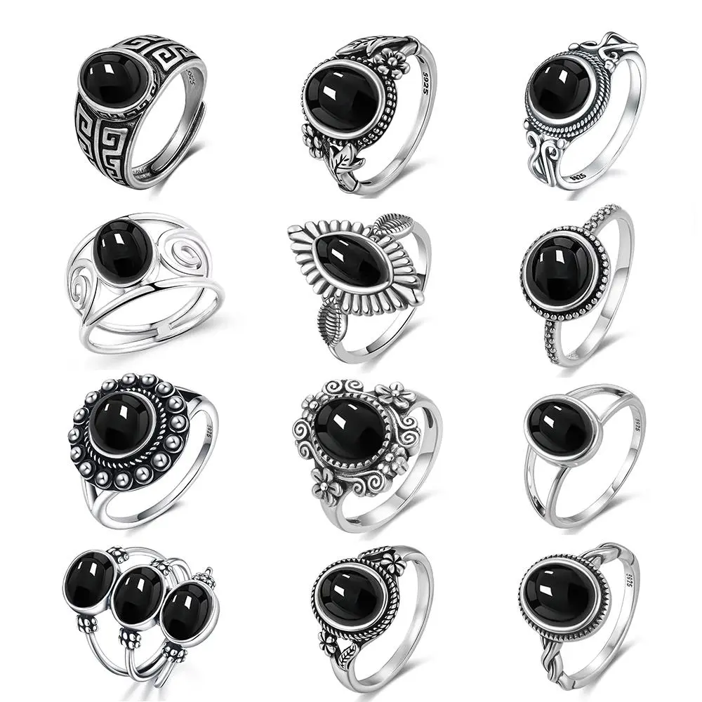 Vintage 925 Sterling Silver Ring Natural Black Onyx Ring Oval Round Stone Retro Fine Jewelry Gift Sun Shaped For Women Men