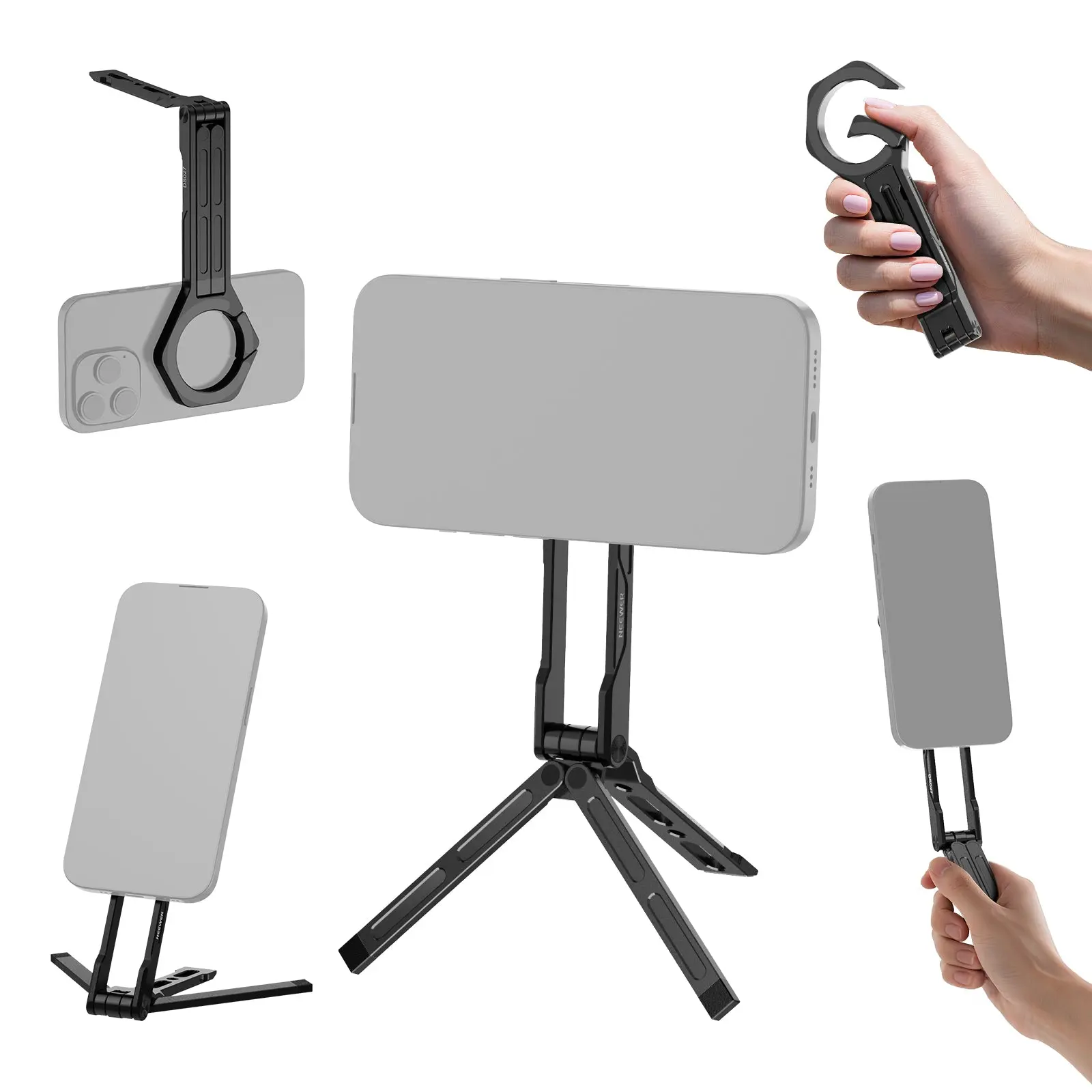 NEEWER DS027 Aluminium Adjustable Cellphone Holder Accessories, Lightweight Portable Desk Tripod Mount with Quick Release, Carabiner Selfie Stick Grip, Easy-Remove, Horizontal to Vertical Switch, MagSafe-Compatible for iPhone Video Recording, Magnetic
