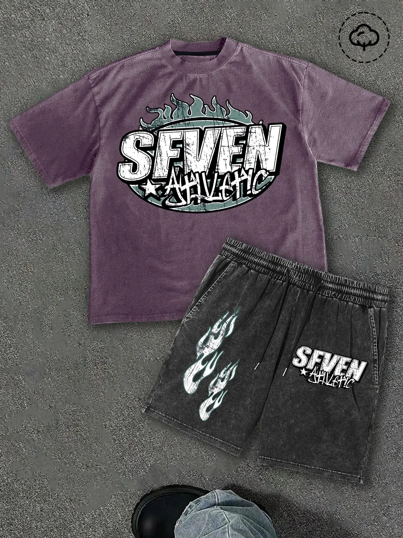 Oversized Vintage Washed 2-Piece Tracksuit Unisex Y2K Grunge "SEVEN" Flame Print Tee & Shorts Set Black Casual Streetwear Outfit for Lounge Gym Daily Wear Clothes