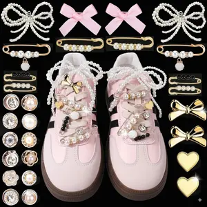 IVASKY 30 Bling Coquette Shoe Charms Junk Socks Charms Kit, Gold Brooches and Pins for Women,Pearl Mixed and Rhinestone Sock Charms with Safety Pins Set , DIY Accessories for Decorating and Socks Clothes Hats Shoes Scarf Shawl Style Pink Vintage Bridal