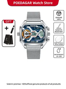 Poedagar fashionable and casual men's quartz watch, date and date LED display screen, waterproof mesh stainless steel strap, fashionable and casual design, Quartz Digital Watch, suitable for daily wear