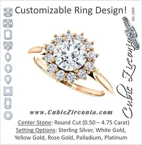 Cubic Zirconia Engagement Ring- The Kirsten (Customizable Round Cut with Large Cluster-Accent Crown-Supported Halo)