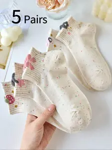 Women's Low-Cut Ankle Socks Set, Floral Strawberry Bow Design, High Elasticity Non-Impressive Short Socks, All-Season Student Wear