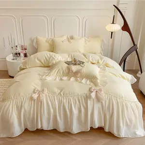 Ruffled Bedding Bow Duvet Cover Set with Butterfly Tie, Full Comforter Cover Set, Shabby Chic Bedding Set,Romantic  Princess Style -Yellow,Full